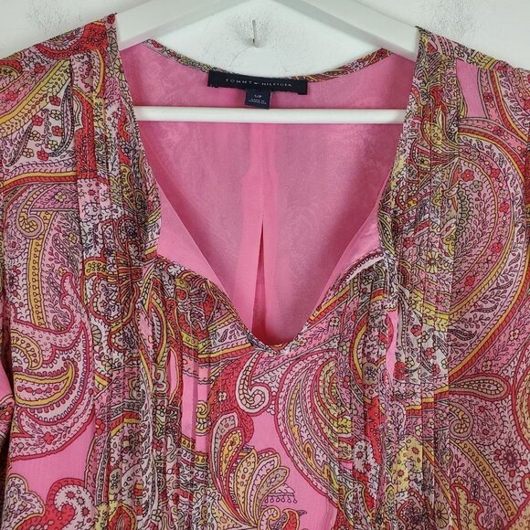 Tommy Hilfiger S Pink Paisley V-neck blouse 3/4 sleeves Retro Colorful - Picture 10 of 11